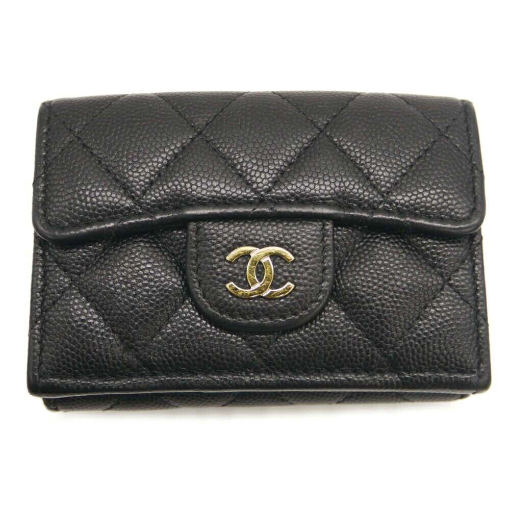 CHANEL Authentic Black Caviar Leather Logo Wallet